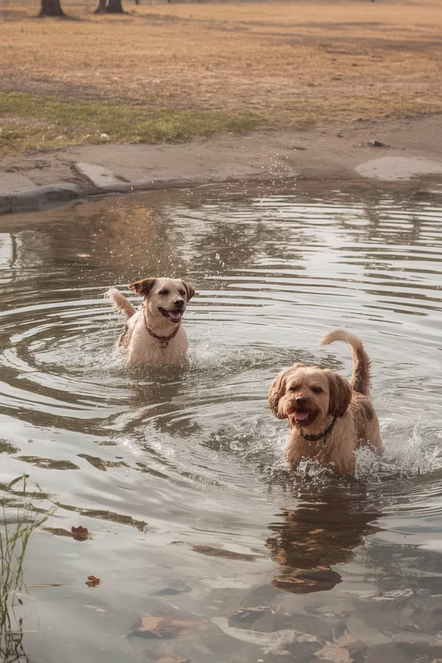 A Photo of 2 dogs found playing in the Bone-Shaped pond at Bill Archer Dog Park. 