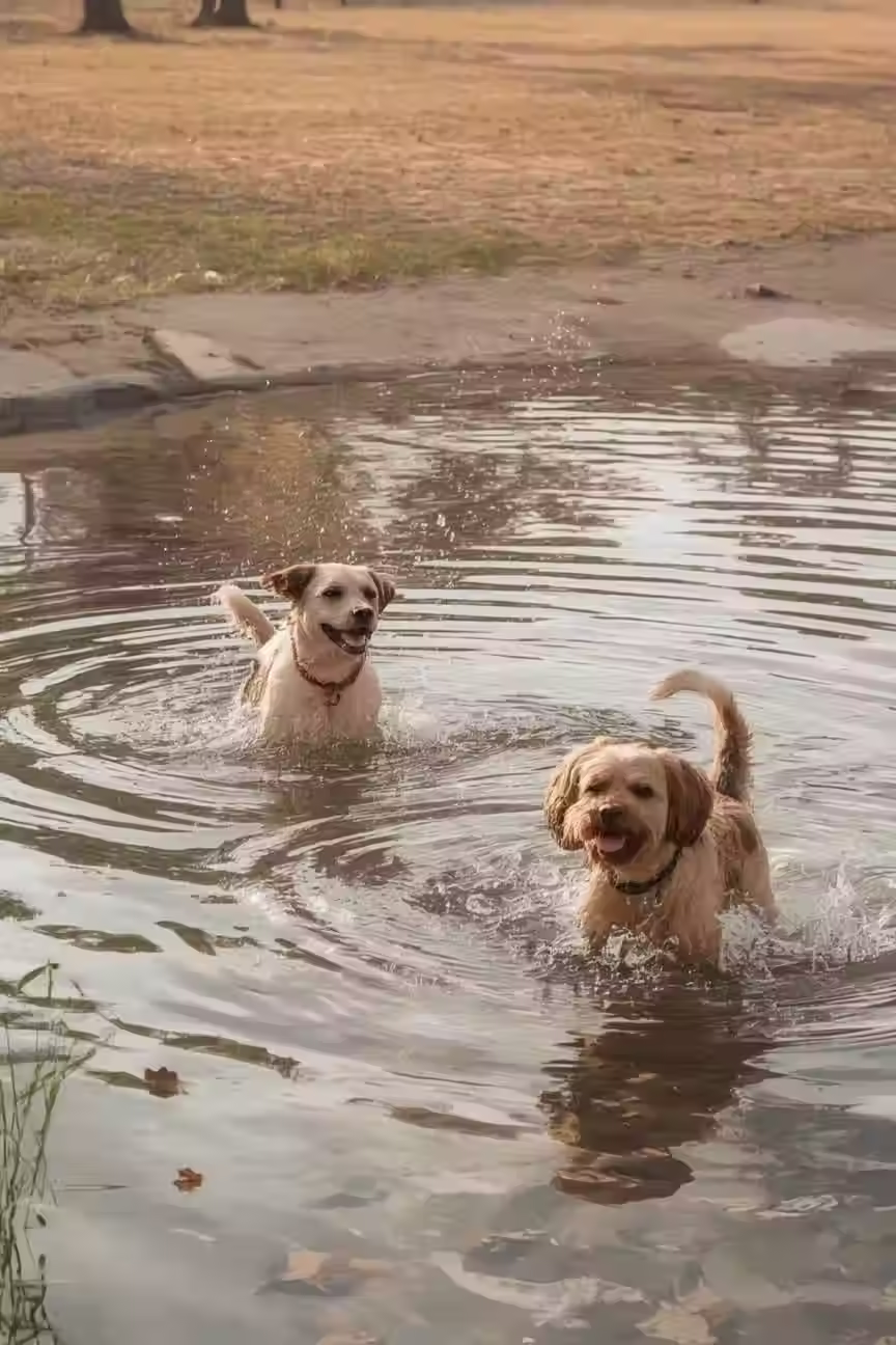 A Photo of 2 dogs found playing in the Bone-Shaped pond at Bill Archer Dog Park. 