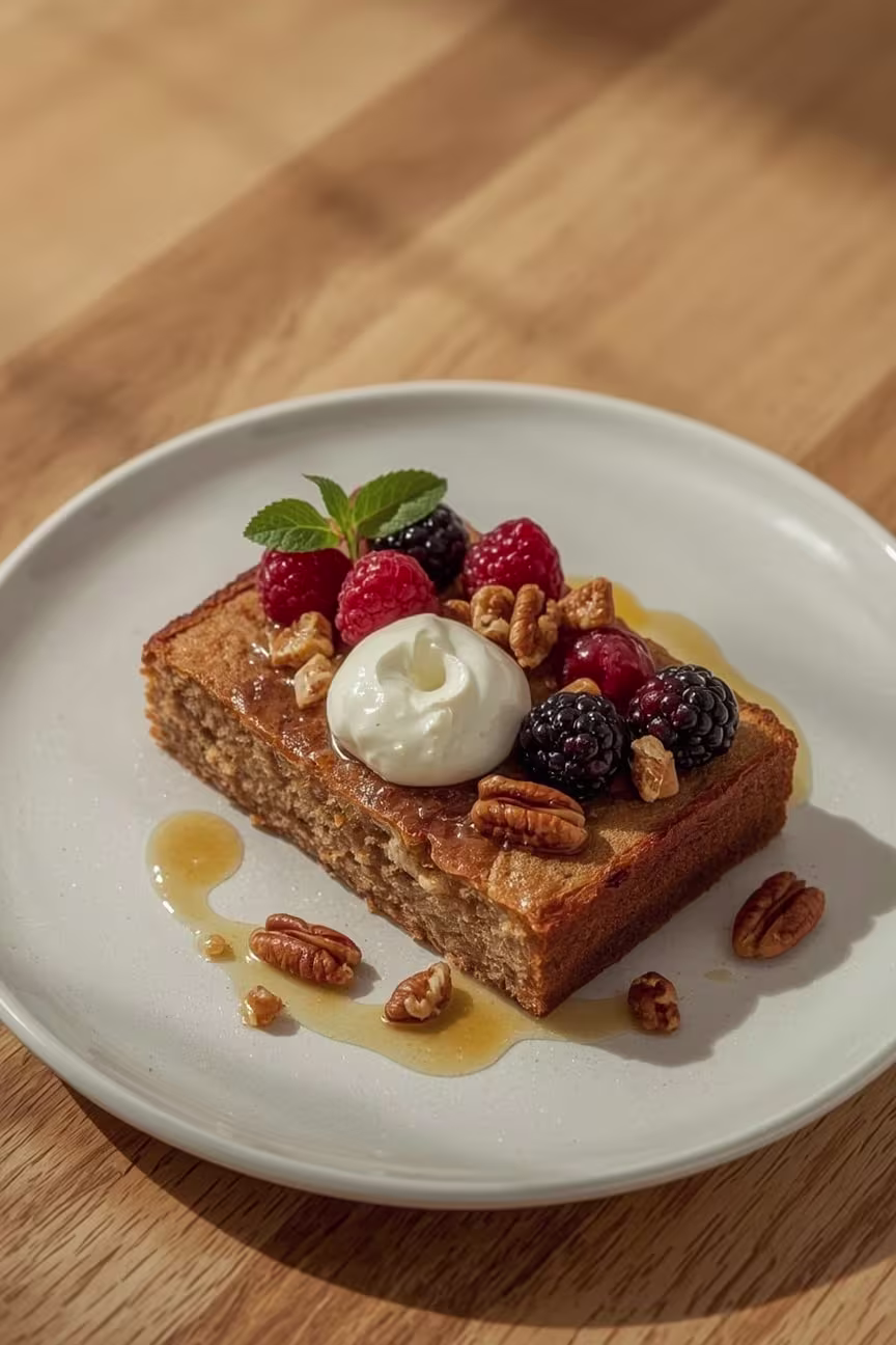 A Photo of the Gluten Free Banana Bread Topped with berries whipped ricotta, pecans with a honey drizzle. 