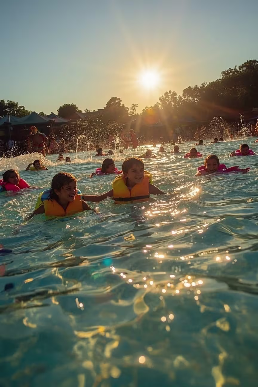 A photo inside the wave pool Pirates Bay Water Park, with Kids in Life vests surrounding the camera. 