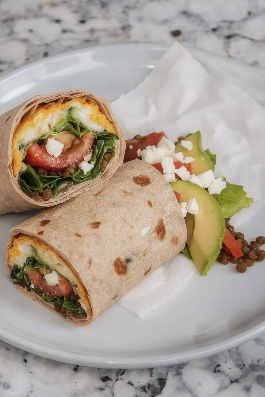 A Photo of the Athlete's Burrito  with beans & avocado slices on the side. 