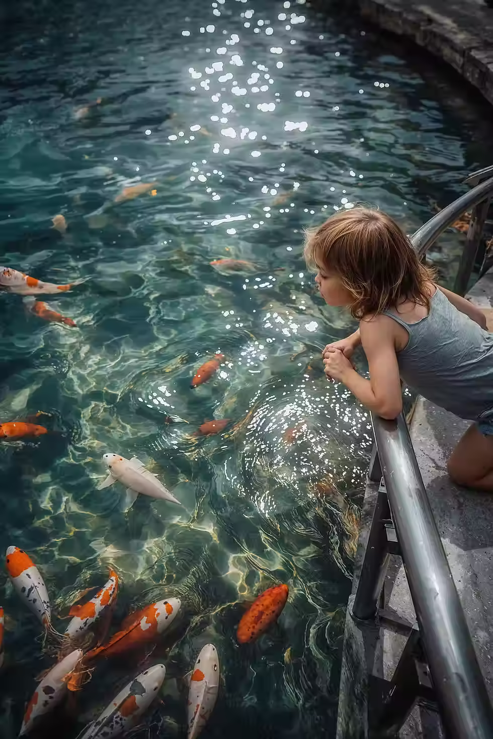 A Photo of a Little Girl Leaning over the railing Looking At the Koi Fish in the pond. 