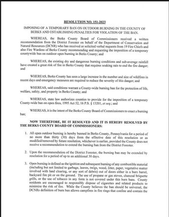 Berks County has passed a temporary burn ban due to recent wildfires