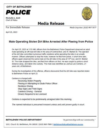 Media Release from Bethlehem Police Department