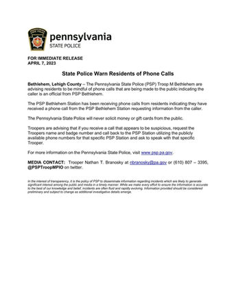 State Police Warn Residents of Phone Calls