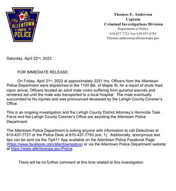Media Release from the Allentown Police