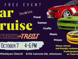 Food, games, crafts, music, and prizes at Car Cruise and Trunk or Treat