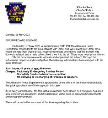 Media Release: Allentown Police Department - Firearms Arrest