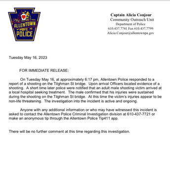 Media Release: Man shot on Tilghman Street Bridge in Allentown
