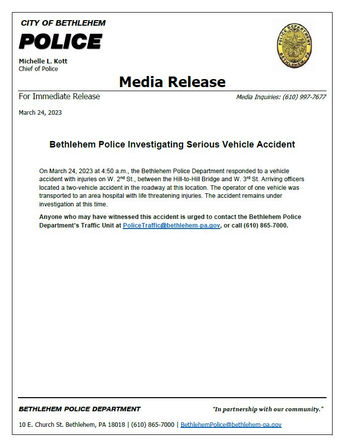 Bethlehem Police investing serious vehicle accident