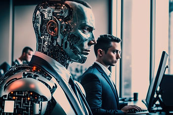 AI robot sat next to human man in office at desks