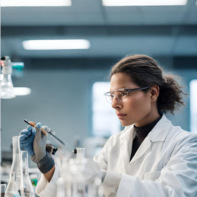 AI generated image with a person in a lab wearing glasses