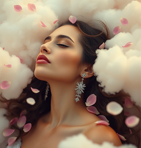 A woman surrounded by clouds, wearing celestial-inspired earrings that shimmer like stars,