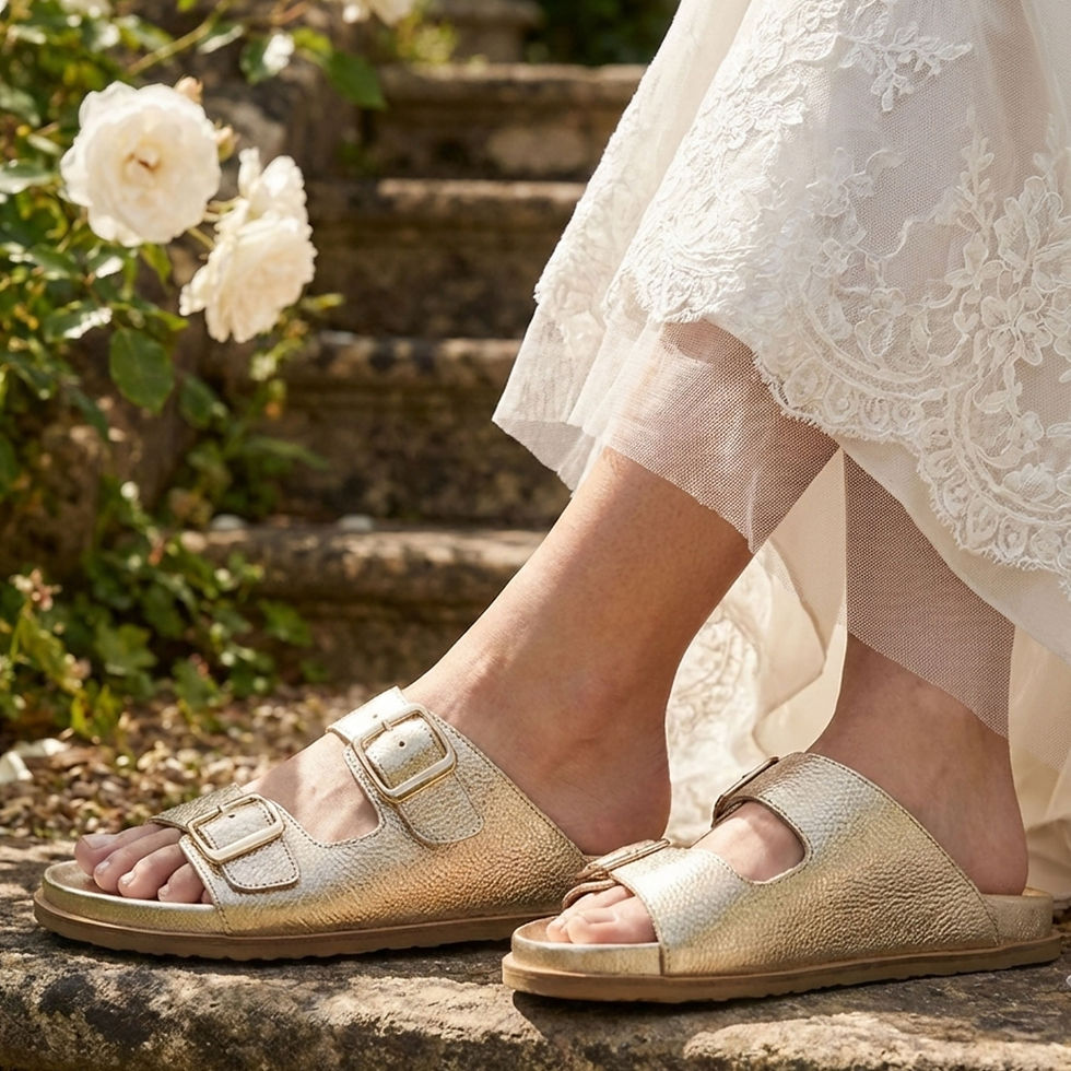 Gold SAVANNAH buckle sandals on stone steps