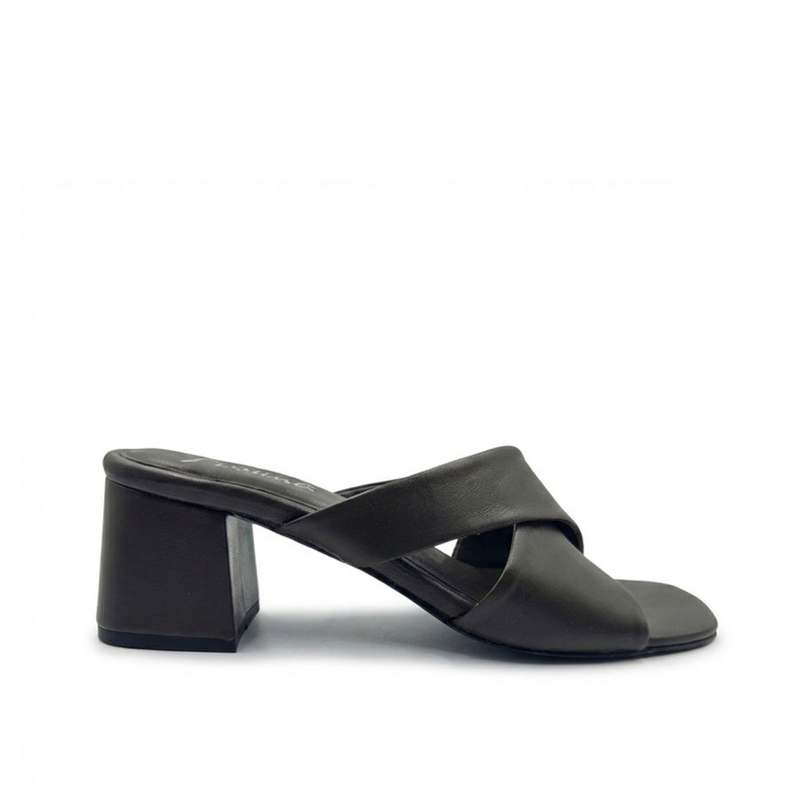 F-106 SIENNA black mule with crossover straps, block heel
