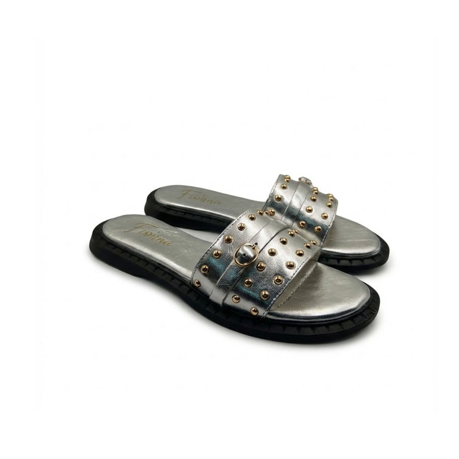 F-119 VALENTINA silver studded slide sandals