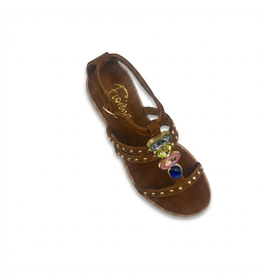 Valentina brown flat shoe with colorful gems