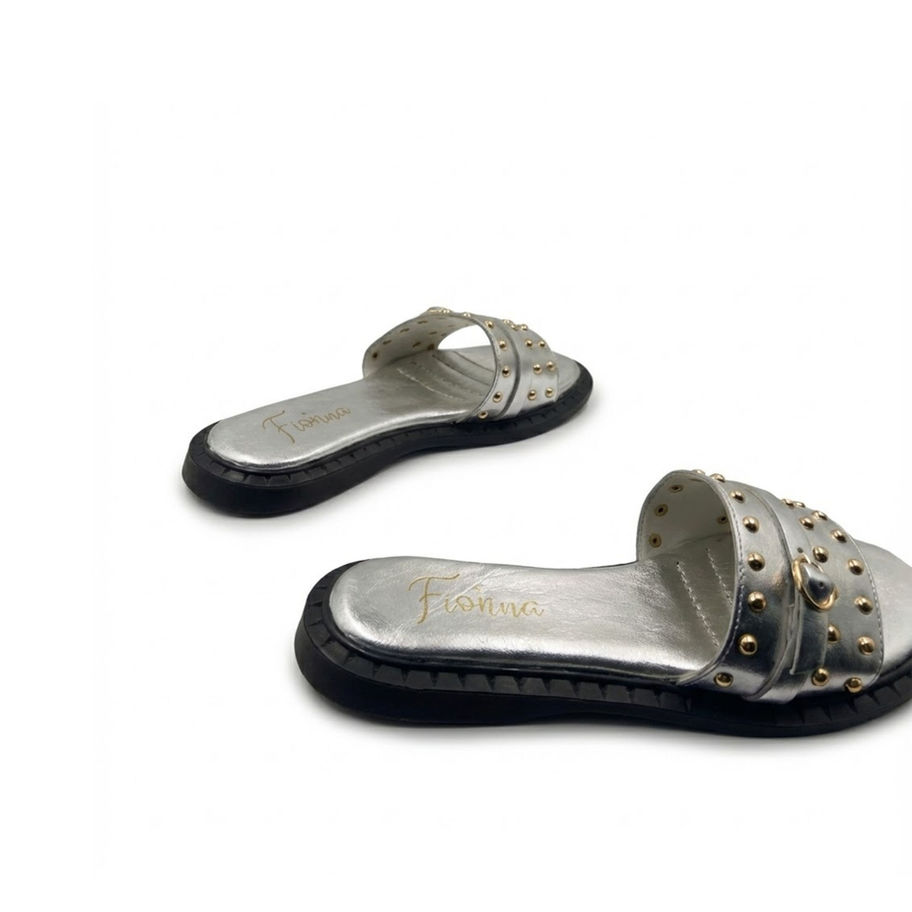 Two silver studded slide sandals