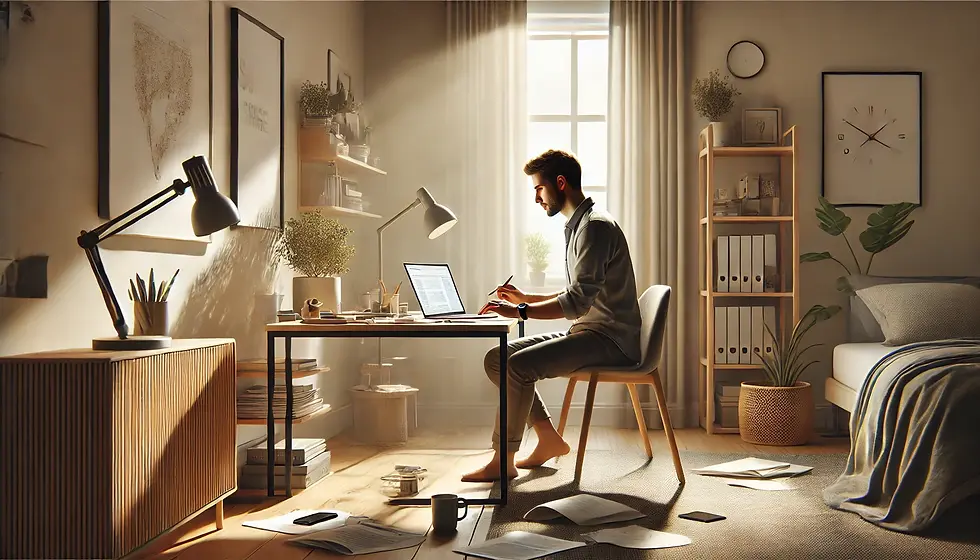 Illustratie van een freelance tekstschrijver die thuis aan het werk is.