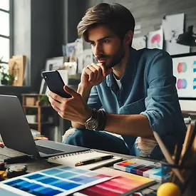 Illustratie van een designer die zorgvuldig met zijn smartphone bezig is