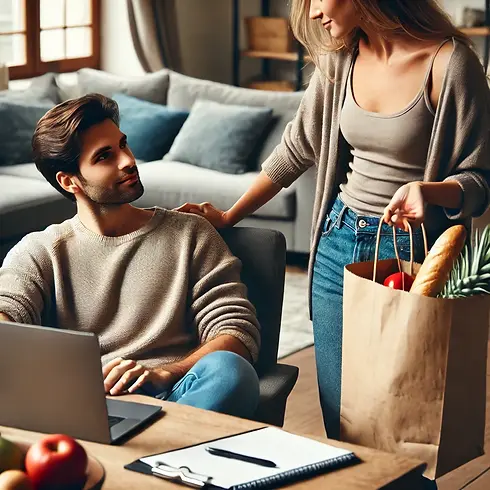 Illustratie van een copywriter die niet naar zijn laptop kijkt, maar een gesprekje voert met iemand die net boodschappen heeft gedaan.