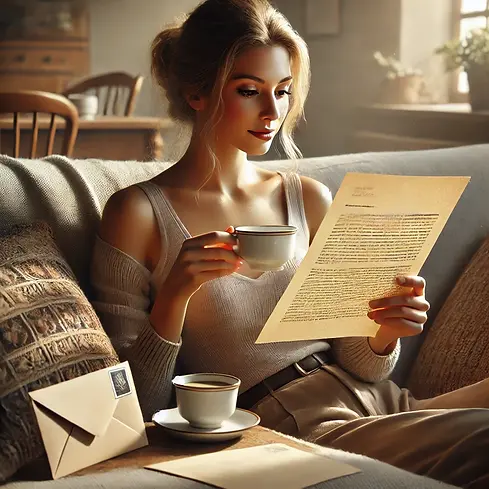 Afbeelding van een vrouw die een kopje koffie drinkt en met veel interesse een getypte brief leest. Ze zit op de bank en de envelop van de brief ligt naast haar.