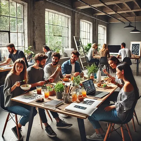 Illustratie van designers die samen aan de lunchtafel zitten. 