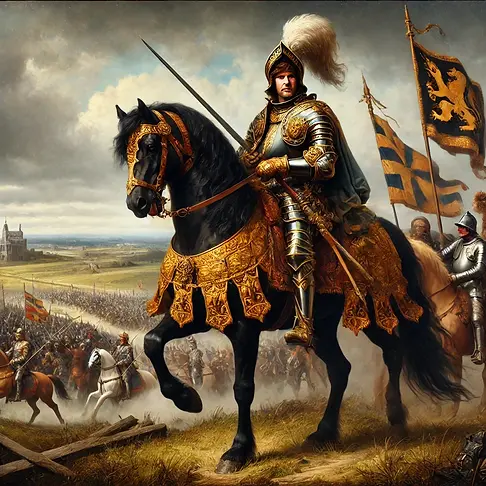 Schilderij van een legeraanvoerder op een Fries paard