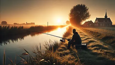 Illustration of a man fishing on the bank of a canal in Friesland
