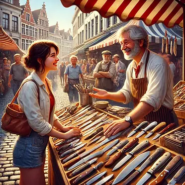 Marktkoopman in gesprek met een jonge vrouw