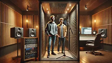 Illustratie van een geluidsstudio. In de opname booth staan twee mannen achter een microfoon: een jongere man en een wat oudere man. 