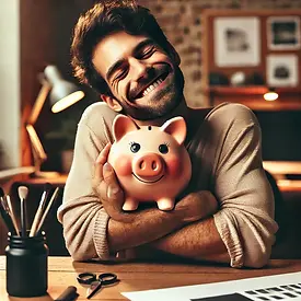 Ilustratie van een designer die een spaarvarkentje knuffelt.