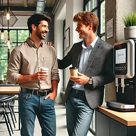 Illustratie van een designer die een gezellig praatje maakt met zijn baas bij de koffiemachine in een moderne kantooromgeving.