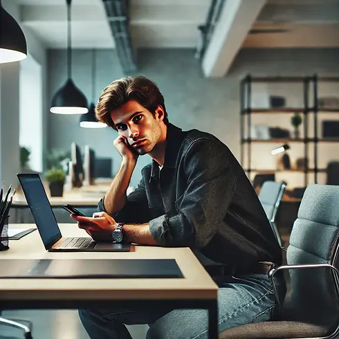 Illustratie van een verveelde designer die naar zijn telefoon staart zonder werk te hebben.