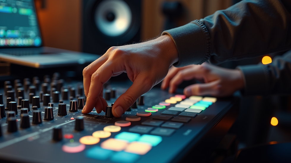 Close-up view of a music producer adjusting sound levels on a mixing console