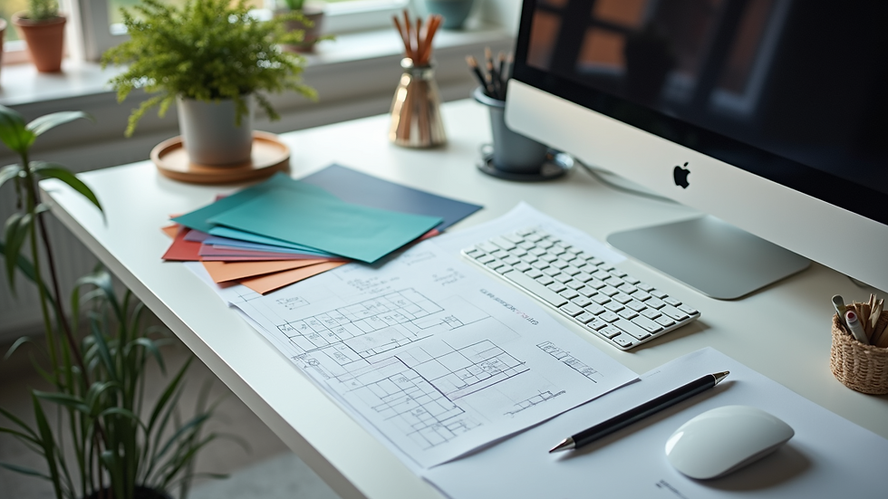High angle view of a designer’s desk with wireframes and color swatches
