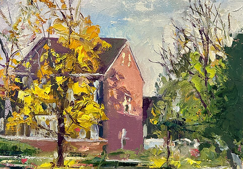 A impressionist paintin of Society Hill's Rose Garden. Golden light warms the bricks and leaves in the late afternoon.