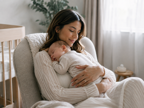 Mother in a beige chair gently cradles a sleeping baby in a soft nursery, serene and loving, with crib and window light nearby