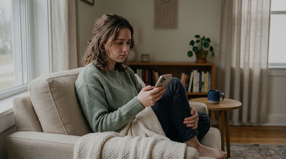 Woman in green sweater sitting on beige sofa, looking at phone. Cozy room with bookshelves, plant, and cup on table. Relaxed mood.