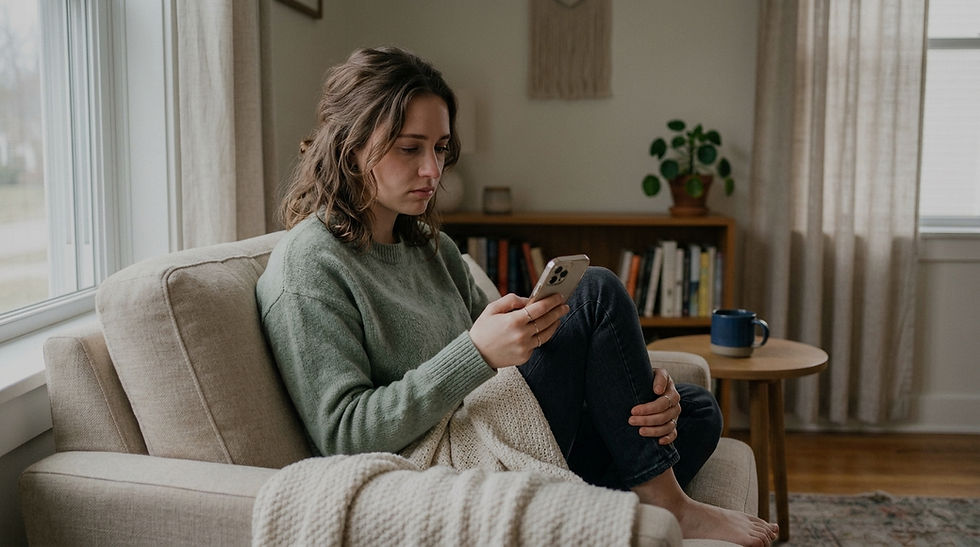 Woman in green sweater sitting on beige sofa, looking at phone. Cozy room with bookshelves, plant, and cup on table. Relaxed mood.