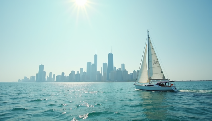 Eye-level view of a sailboat navigating Lake Michigan near Chicago skyline