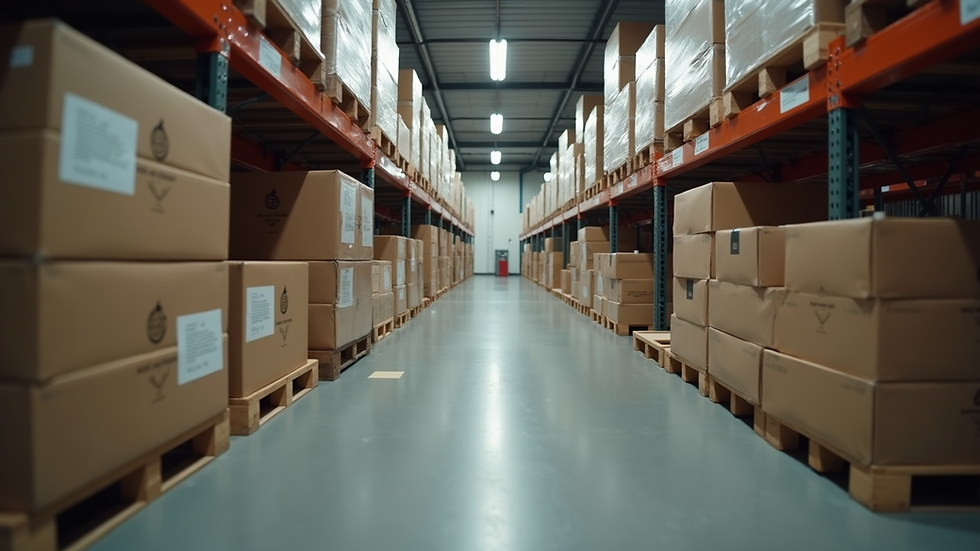 Eye-level view of a warehouse aisle filled with mobile phone boxes