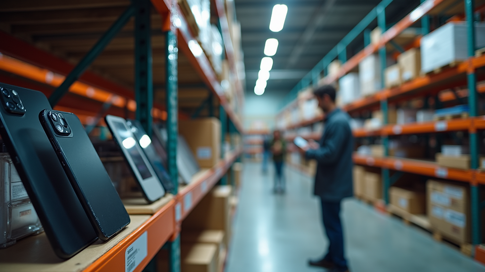 Eye-level view of a warehouse shelf stocked with smartphones