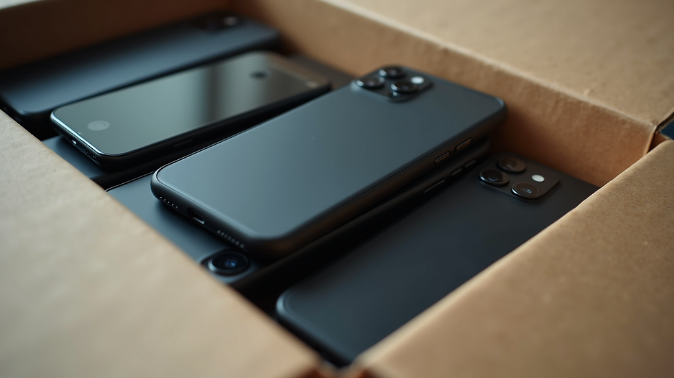 Close-up view of a shipment box filled with smartphones ready for delivery