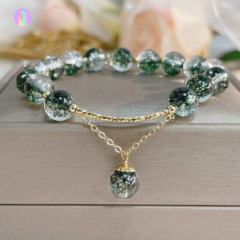 Natural Green Ghost Chlorite Crystals Beaded Strand Bracelet