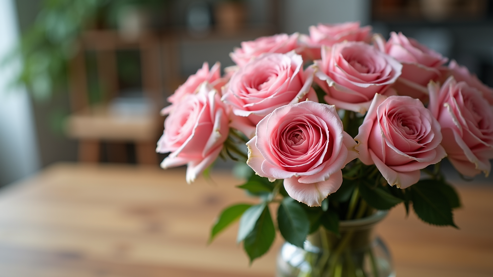 Eye-level view of a pink rose bouquet in a glass vase on a wooden table