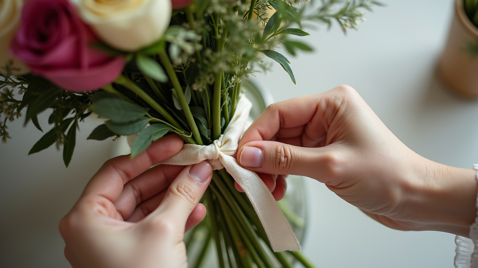 Close-up view of a hand tying a ribbon around a freshly arranged flower bouquet