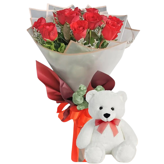 10 Red Roses with Teddy