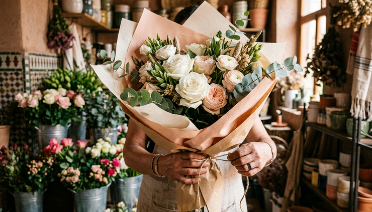 Eye-level view of a florist wrapping a bouquet with soft paper in Marrakech