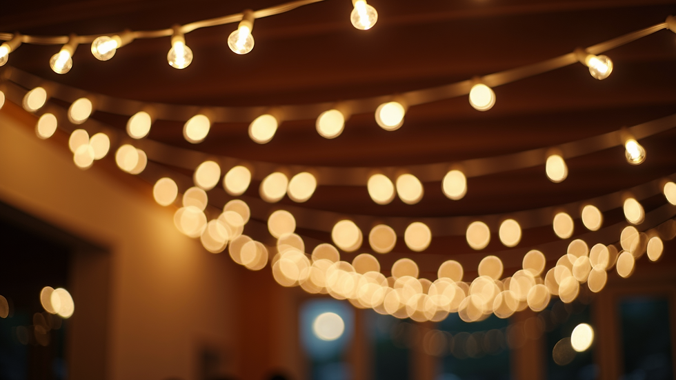 Close-up view of decorative string lights hanging from ceiling at event